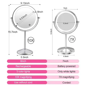 Fascinate Rechargeable 20cm Lighted Makeup Mirror with 3 Colour Lights, 1x/10x Magnification, Touch Dimming, 360 degrees Rotation