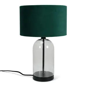 ValueLights Jessy Glass and Black Metal Bedside Table Lamp with a Forest Green Velvet Lampshade