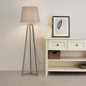 ValueLights Lottie Grey Wood Tripod Floor Lamp with Grey Tapered Shade