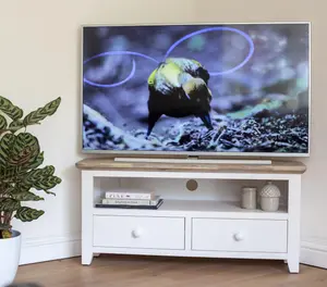 Florence White Corner TV Unit With 2 Drawers and Shelf