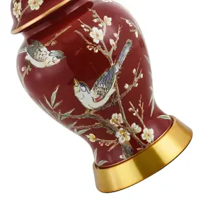 Classic Ceramic Lamp Base in Glossy Dark Burgundy with Birds and Floral Decor