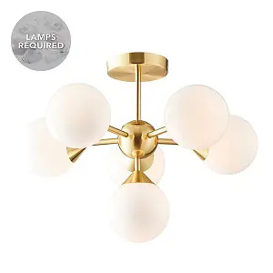 Luminosa Oscar Semi Flush Satin Brushed Gold Effect Plate & Gloss White Glass 6 Light Dimmable IP20 - G9