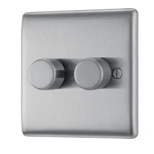 BG Raised slim Silver Steel effect 2 gang profile Double 200W Dimmer switch