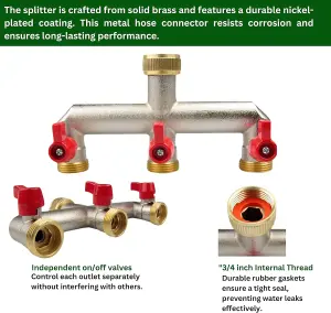 Brass 3-Way Garden Hose Tap Splitter with PTFE Tape  Durable three-quarts" Outdoor Tap Connector with Individual Valves