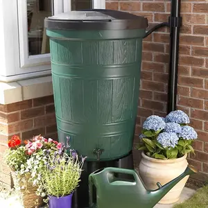 Garden Lake 200L Litre Wood Effect Green Barrel Water Butt with Child Safe Locking Lid, Stand & Rain Diverter Drainpipe Kit.