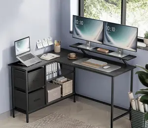 VASAGLE Corner Computer Desk, Home Office L-Shaped Desk with Adjustable Storage Shelf, 2 Drawers and Monitor Stand, Ebony Black