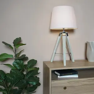 ValueLights Clipper Modern Distressed Wood and Silver Chrome Tripod Table Lamp with Pink Light Shade