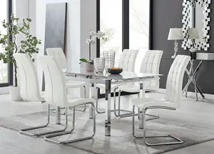 Furniturebox UK 6 Seater Dining Set - Enna White Glass & Chrome Extendable Dining Table & Chairs - 6 White Leather Murano Chairs