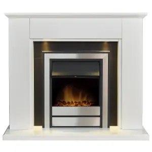 Adam Eltham Fireplace in Pure White & Black with Downlight & Argo Electric Fire in Brushed Steel, 45 Inch