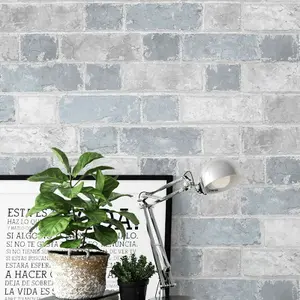 Brick Wall Effect Stone Sky Blue Light Grey Rustic Wallpaper Bedroom Boys Girl