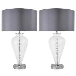 Pair Of Clear Glass Table Lamps With Grey Fabric Shades (Set of 2) Clear / Grey