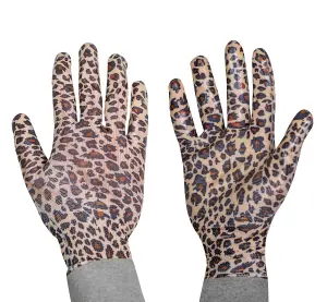 Mulch Leopard Print Gardening Gloves - 100% Polyester - Water Resistant Nitrile Palm - Medium Size 8 - 1 Pair