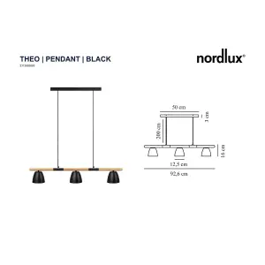 Nordlux Theo Indoor Dining Kitchen Hallway 3 Pendant Ceiling Light in Black (Length) 92.6cm