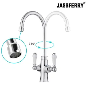 JASSFERRY Kitchen Mixer Tap Elegant White Ceramic Dual Lever Monobloc Sink Faucet Chrome