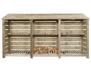 Slatted wooden log store with kindling shelf W-335cm, H-180cm, D-88cm - natural (light green) finish