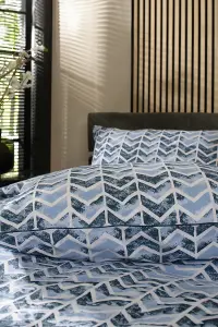 TLC Chevron Blue Printed Percale 100% Cotton Duvet Bedding Cover Set