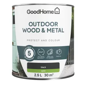 GoodHome Outdoor Black Satinwood Multi-surface paint, 2.5L