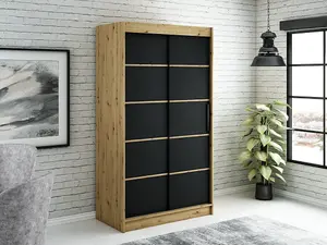 Leto T Contemporary 2 Sliding Door Wardrobe 5 Shelves 2 Rails Black Matt and Oak Effect (H)2000mm (W)1200mm (D)620mm