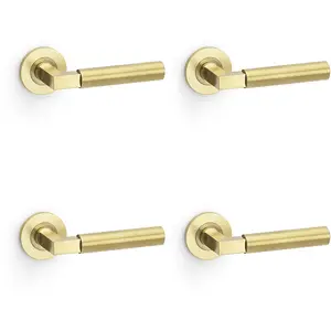 4 PACK - SOLID BRASS Smooth Door Handle Set - Satin Brass Angled Lever on Round Rose