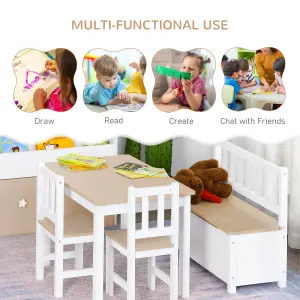 HOMCOM 4-Piece Set Kids Wood Table Chair Bench w/ Storage Function for 3 Years+