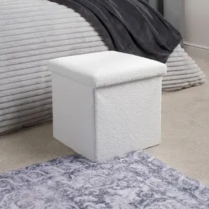 Ottoman Storage Box Folding Footstool Space Saving Boucle Teddy, Cube