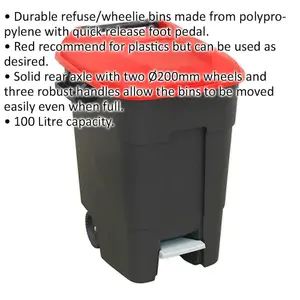 100 Litre Red Wheelie Bin with Foot Pedal and Wheels for Easy Mobility