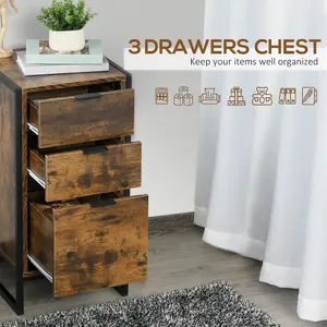 HOMCOM Industrial 3-Drawer Cabinet Sideboard Storage Organizer Metal Frame Brown