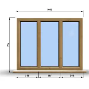 1095mm (W) x 895mm (H) Wooden Stormproof Window - 3 Pane Non-Opening Windows - Toughened Safety Glass