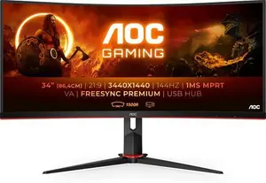 AOC Gaming CU34G2X - 34 Inch WQHD Curved Monitor, 144Hz, 1Ms MPRT, VA, AMD Freesync, Height Adjust, USB Hub (3440X1440@ 144Hz, 300 Cd/M², HDMI/DP