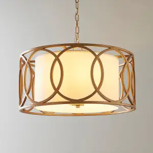 Brushed Gold Multi Arm Ceiling Pendant Light - White Fabric Shade - Dimmable