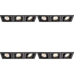 4 PACK Triple Recessed Boxed Downlight - 3 x 50W GU10 Reflector - Matt Black