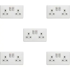 5 PACK 2 Gang Double DP 13A Switched UK Plug Socket SCREWLESS MATT WHITE Power