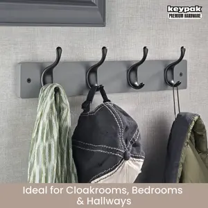 keypak 4 Matte Black Coat Hooks on Grey Wooden Board - 46cm Modern Wall Mounted Coat Rack Clothes Hanger