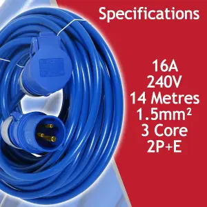 SPARES2GO 16A Hook Up Extension Lead 14m 240V 1.5mm + 4 Gang Way 13A 1m 3-Pin Mains Adapter