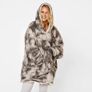 Dreamscene Tie-Dye Hooded Blanket Oversized Wearable Sherpa Throw, Charcoal Grey