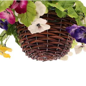 Oypla Artificial Garden Hanging Wicker Basket with Multicoloured Pansy Flowers