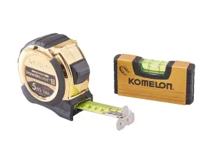 Komelon 5m Gold PowerBlade II Tape Measure with Free Leveling Tool