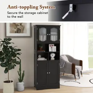 COSTWAY 148cm Tall Bathroom Cabinet Freestanding Storage Cabinet with Tempered Glass Doors