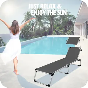 Sun Lounger Aurelie - foldable, with sunshade, 6-step adjustable backrest - grey