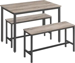 VASAGLE Dining Table with 2 Benches, 3 Piece Set, Kitchen Table, 2 Benches, Steel Frame, Heather Greige and Ink Black