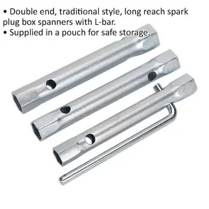 3 Piece Long Reach Spark Plug Wrench Set with L-Bar and Storage Pouch