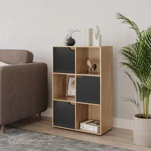 URBNLIVING 91cm Height Oak Wooden Cube Bookcase with Black Line Door Display Shelf Storage Shelving Cupboard