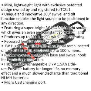 Rechargeable Inspection Light - 3W COB & 1W SMD LED - Lithium-Polymer - 360 degree