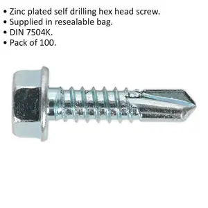 100 Pack Zinc Plated Self Drilling Hex Head Screws - 6.3 x 25mm Fixings