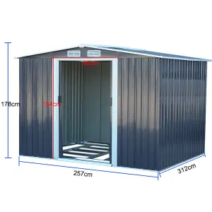 10 x 8 ft Metal Shed Garden Storage Shed Apex Roof Double Door with Base Foundation, Charcoal Black