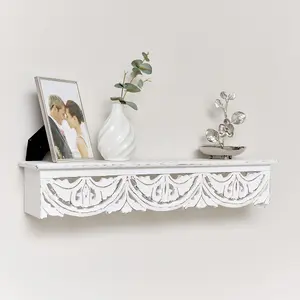 Melody Maison White Wooden Carved Boho Wall Shelf - 60cm