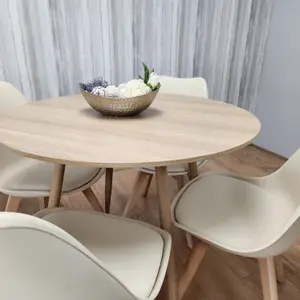 Round Oak Effect Kitchen Dining Table With 4 Cream Tulip Chairs Table Set