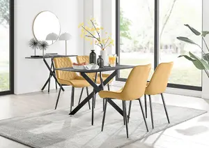 Furniturebox UK Leonardo Grey Glass Marble Effect Black Leg Table & 4 Mustard Pesaro Black Leg Chairs