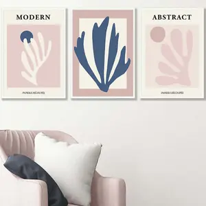 Set of 3 Matisse Style Floral Cut Out Navy & Pink Wall Art Prints / 42x59cm (A2) / White Frame