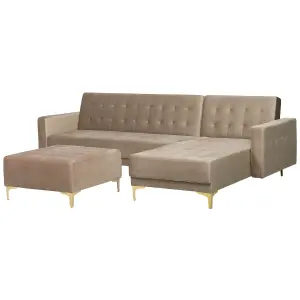 Corner Sofa with Ottoman ABERDEEN Sand Beige Velvet Left Hand